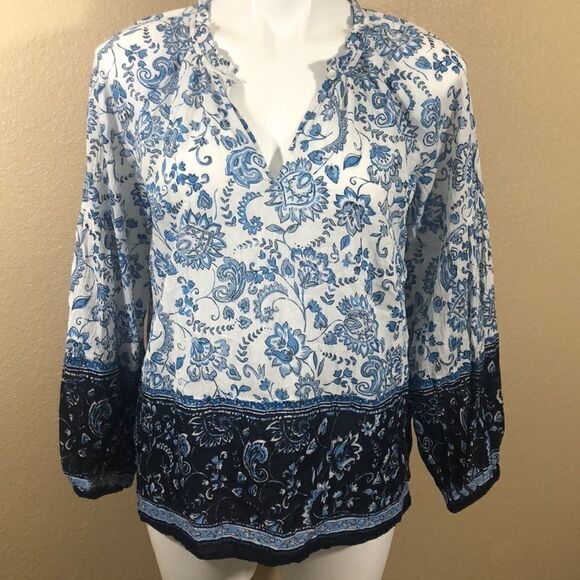 Loft petite blue white boho cotton top - Picture 1 of 7